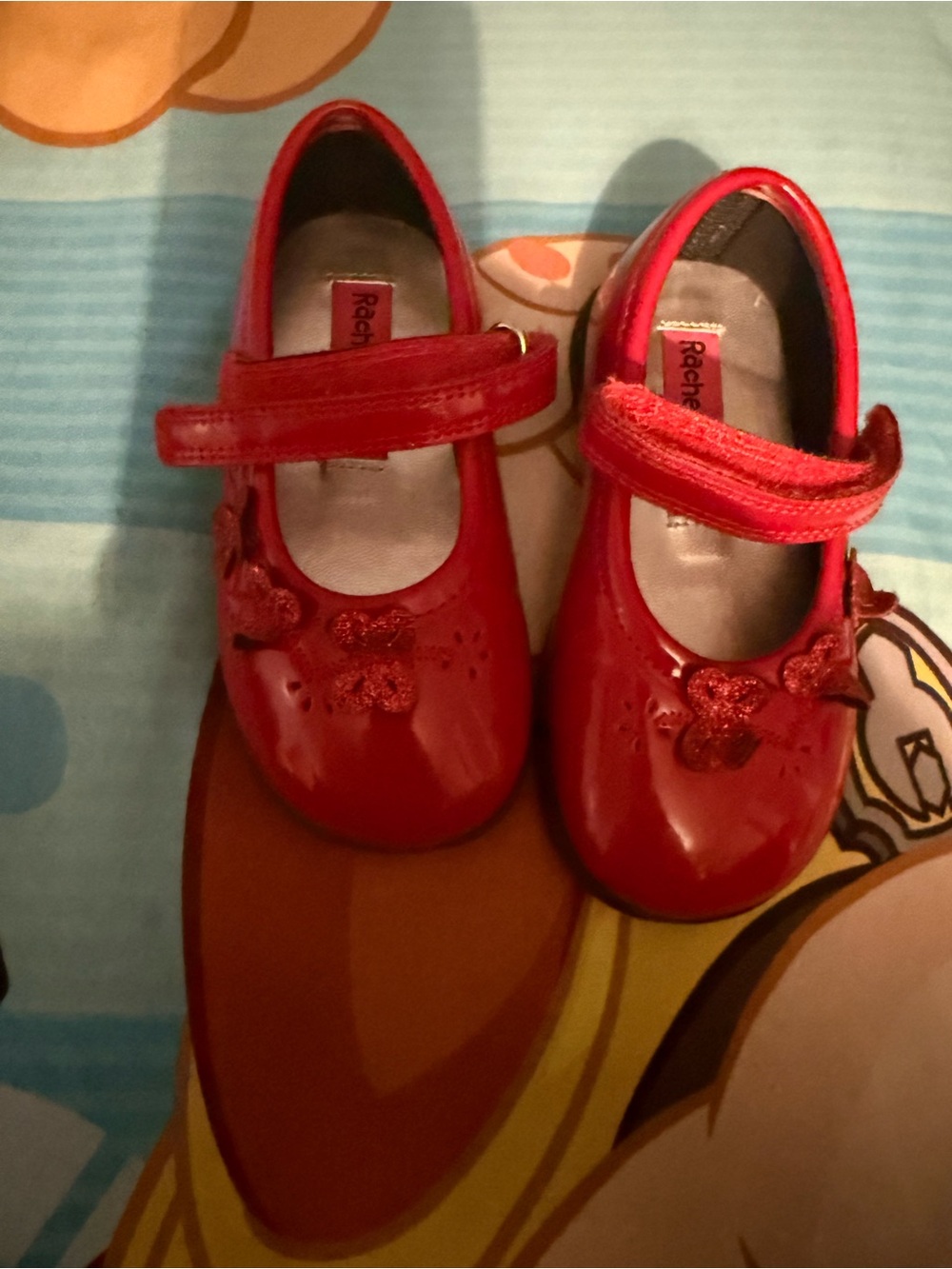 Rachel Red Patent Mary Jane Shoes with Glitter Flower Accents